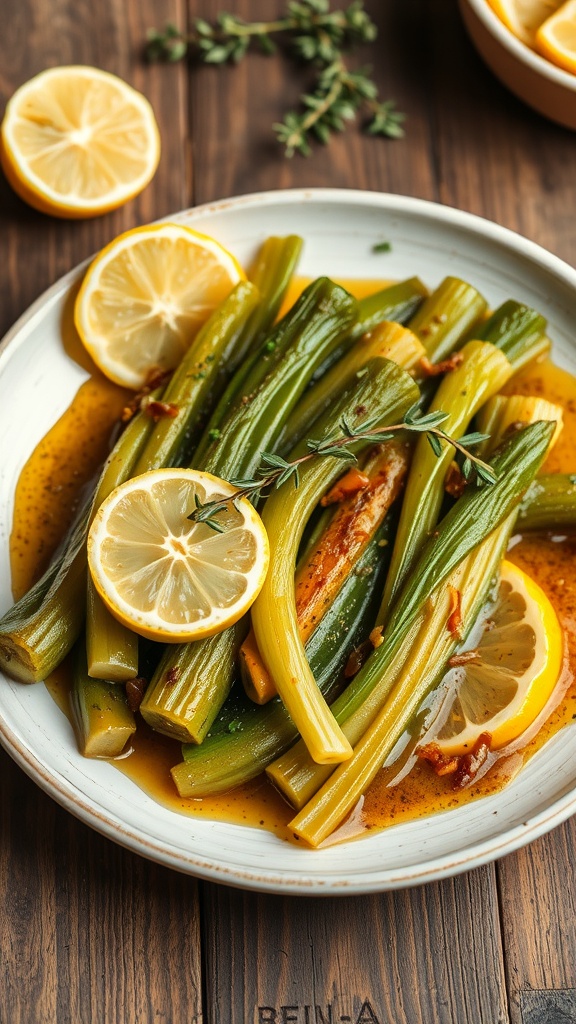 Braised leeks with lemon and thyme on a plate