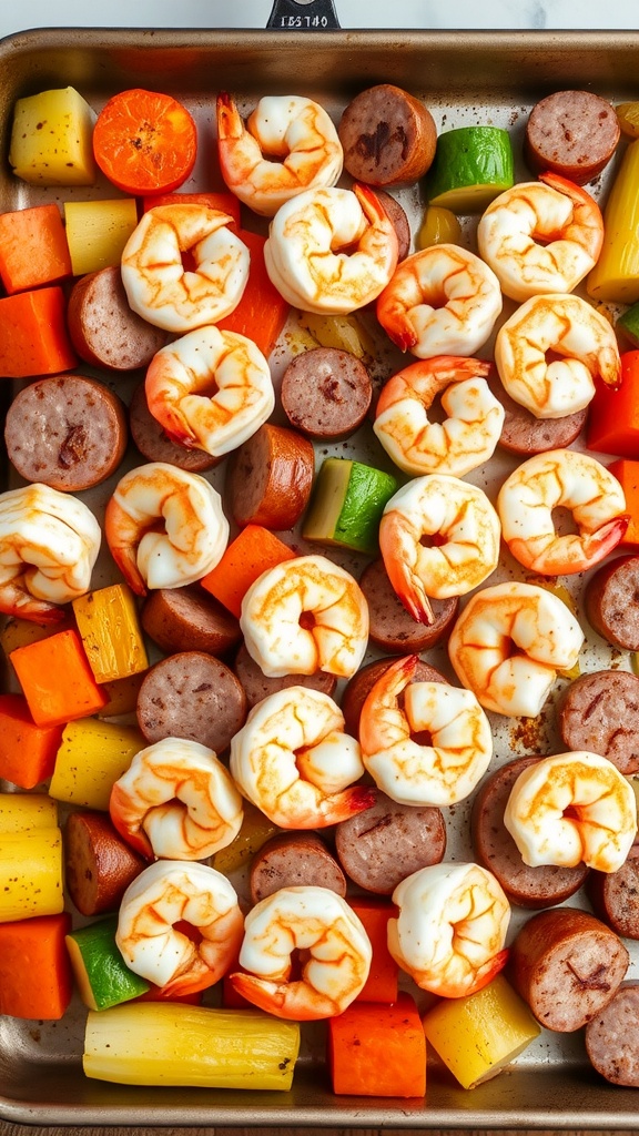 Cajun shrimp and sausage bake on a sheet pan with colorful vegetables.