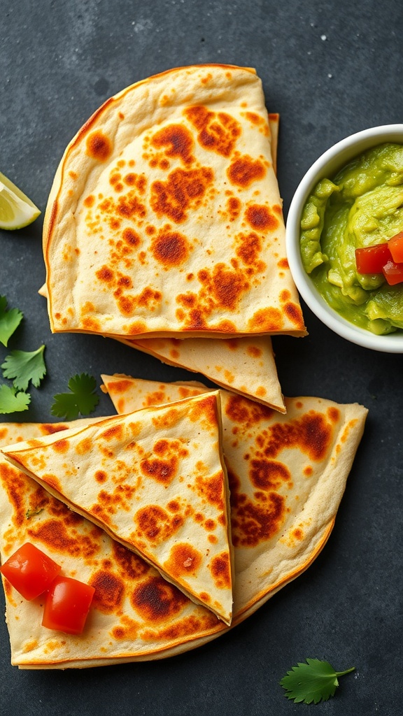 Cheesy quesadillas served with guacamole and fresh toppings