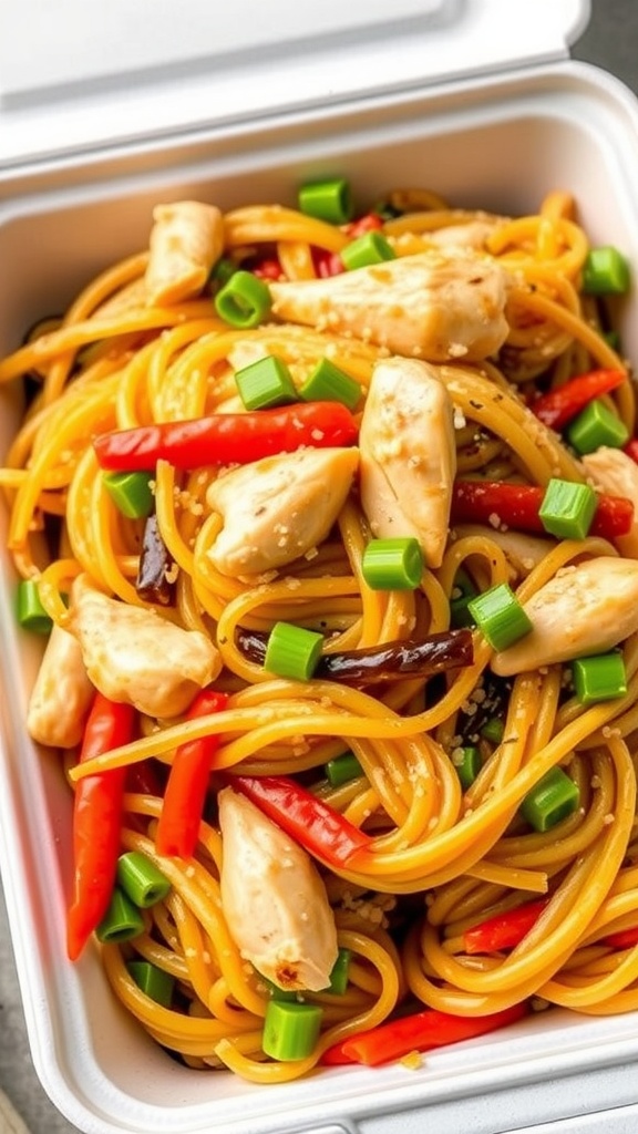 A delicious serving of Chicken Lo Mein with vegetables and noodles.