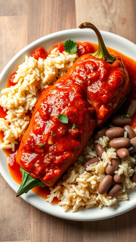 Chiles Rellenos served with tomato sauce, rice, and beans.