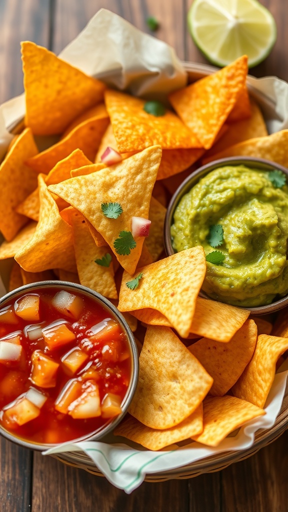A basket of crispy tortilla chips with a side of salsa