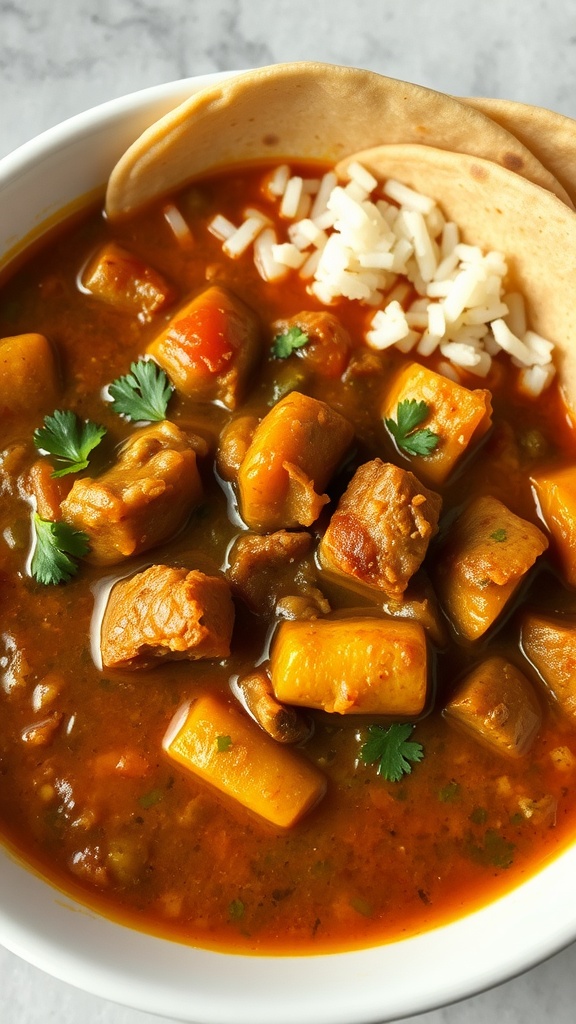 A delicious bowl of Chili Verde with pork, featuring chunks of meat, vegetables, and a rich green sauce.