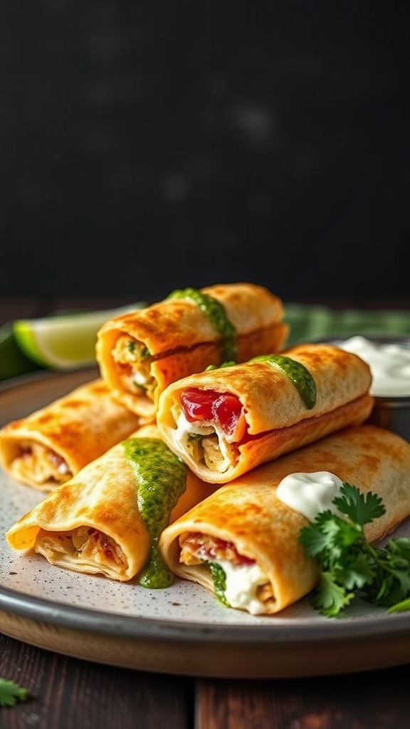 Chimichangas served with salsa verde and garnished with cilantro