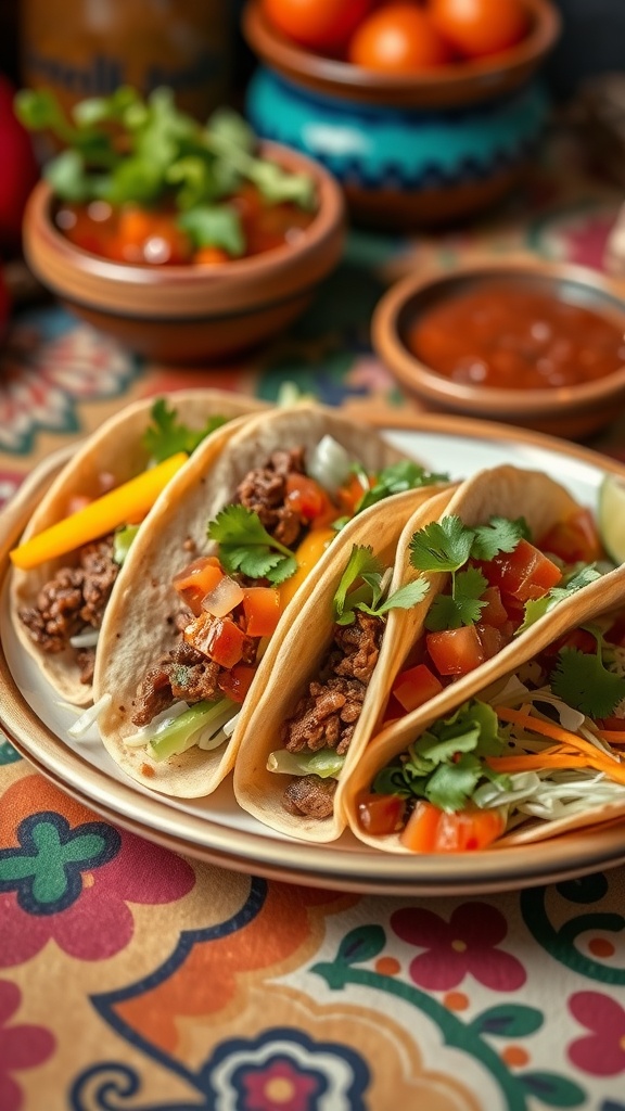 A plate of classic beef tacos filled with ground beef, lettuce, tomatoes, cheese, and topped with cilantro, served with lime wedges.