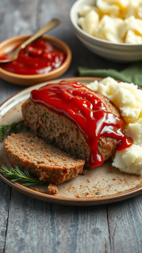 Slice of meatloaf with ketchup glaze served with mashed potatoes