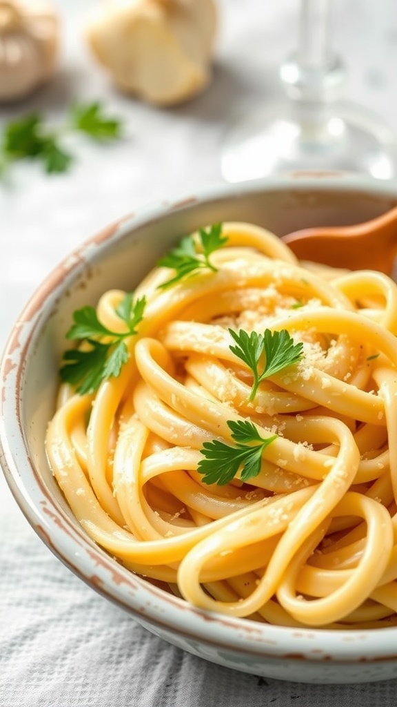 Creamy garlic parmesan fettuccine in a bowl, garnished with parsley.