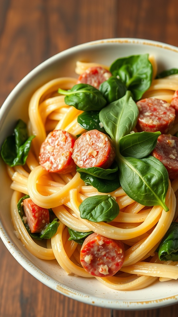 Creamy pasta with kielbasa and spinach in a bowl