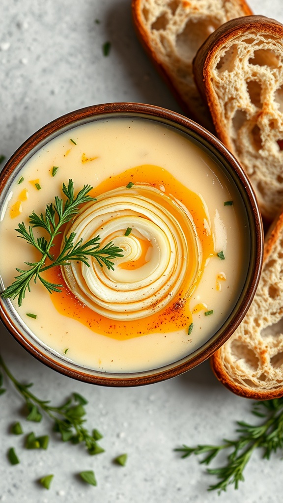 A bowl of creamy leek and potato soup garnished with herbs.