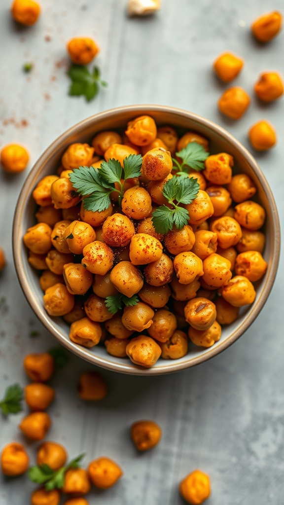 Bowl of crispy spicy chickpeas garnished with cilantro