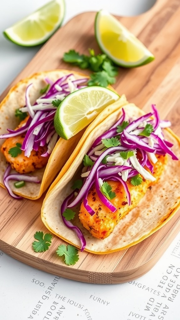 Crispy Tacos de Pescado with fresh toppings and lime wedges