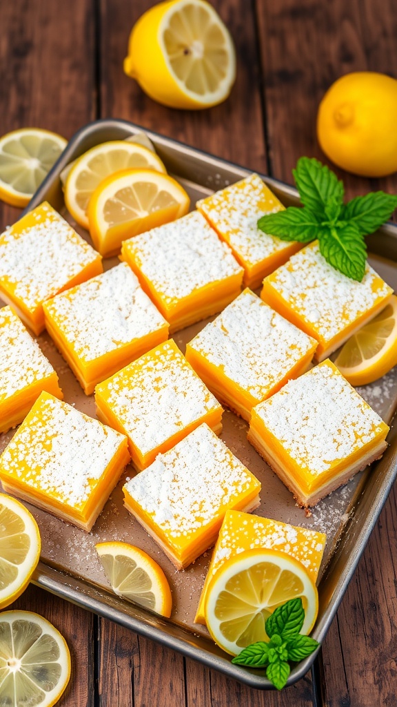 Zesty Lemon Bars with a Buttery Crust A tray of zesty lemon bars dusted with powdered sugar, garnished with lemon slices and mint.