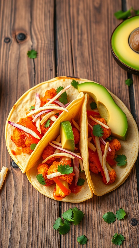 Buffalo cauliflower tacos topped with avocado and cabbage