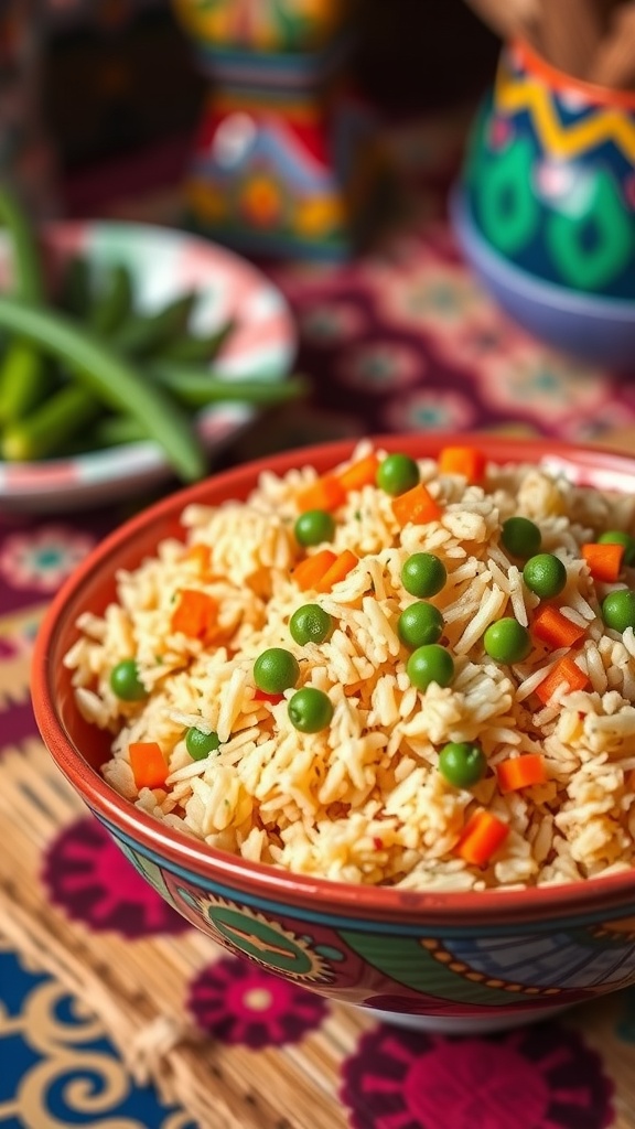 A colorful bowl of fluffy Mexican rice with peas and vegetables.