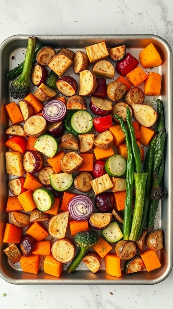 A colorful array of roasted vegetables including broccoli, butternut squash, potatoes, and bell pepper.