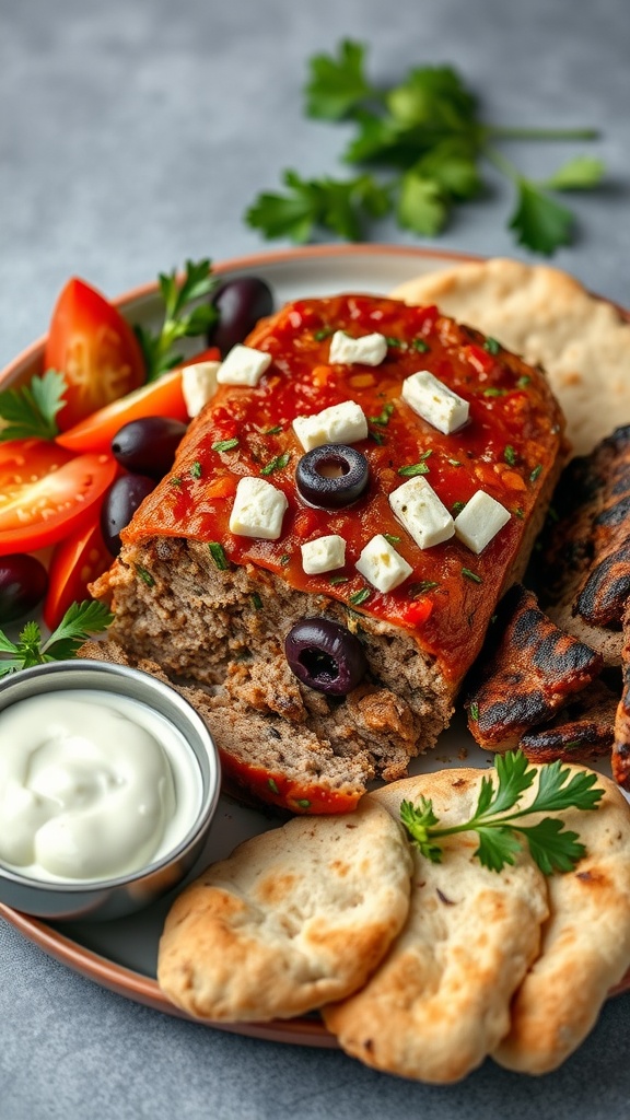 Greek Inspired Feta and Olive Meatloaf served with vegetables and tzatziki.