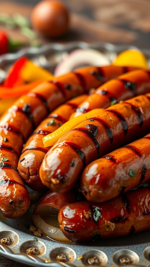 Grilled kielbasa with colorful peppers and onions, served on a plate.