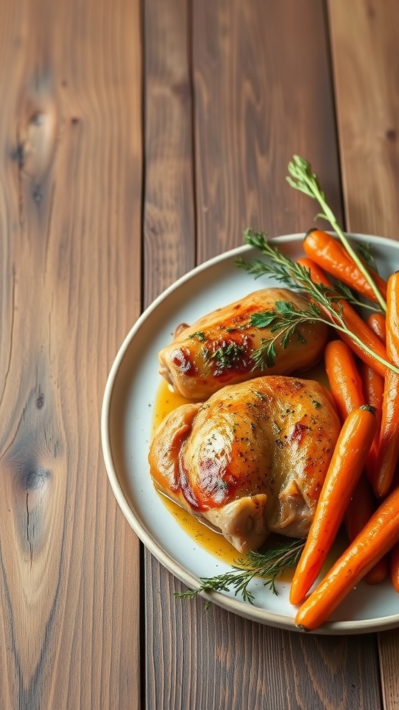 Herb-roasted chicken thighs with vibrant carrots on a rustic wooden table.