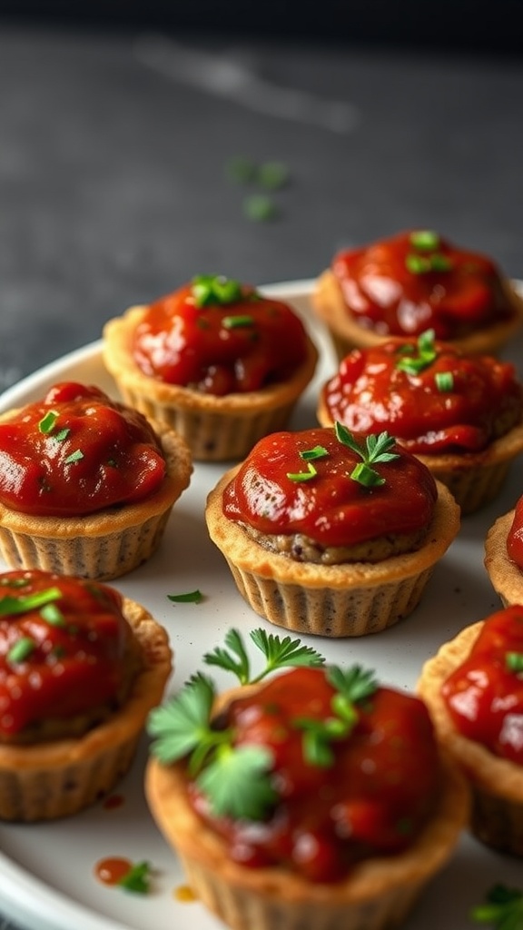 Herbed meatloaf muffins topped with tomato sauce, garnished with fresh herbs.