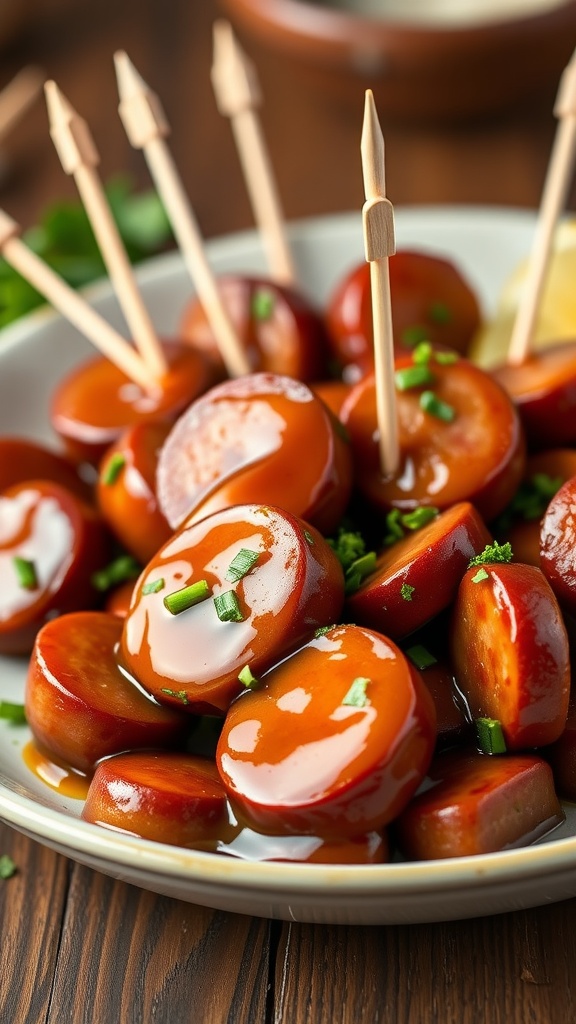 Delicious honey garlic kielbasa bites on toothpicks, drizzled with sauce.