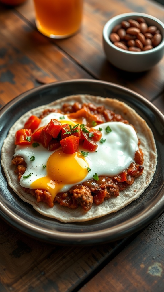 A delicious plate of Huevos Rancheros with sunny-side-up eggs, salsa, tortillas, and refried beans.
