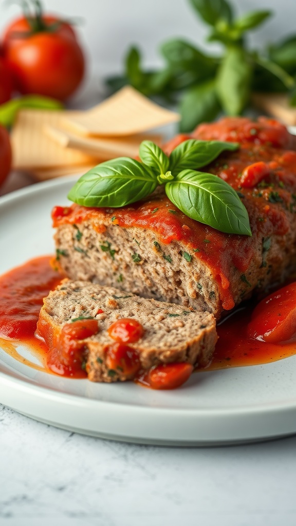 A delicious slice of Italian Herb Infused Meatloaf garnished with basil and served with a rich tomato sauce.