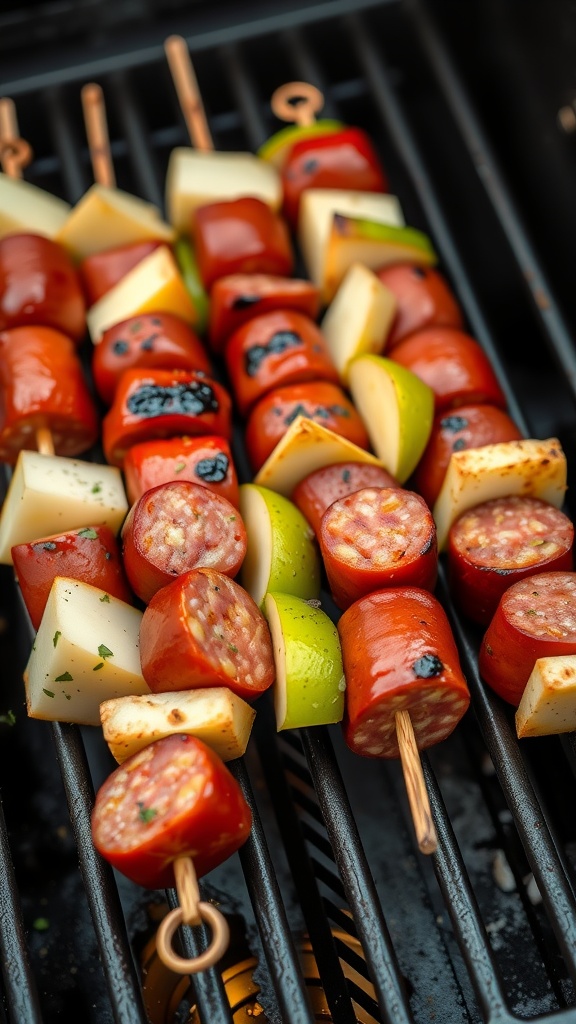 Kielbasa and apple skewers grilling on a barbecue.