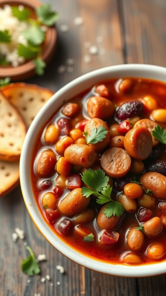 A bowl of kielbasa and bean chili topped with cilantro.