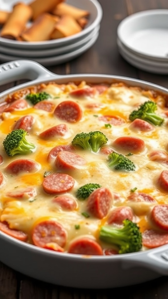 A hearty dish of kielbasa, broccoli, and melted cheese baked to perfection.