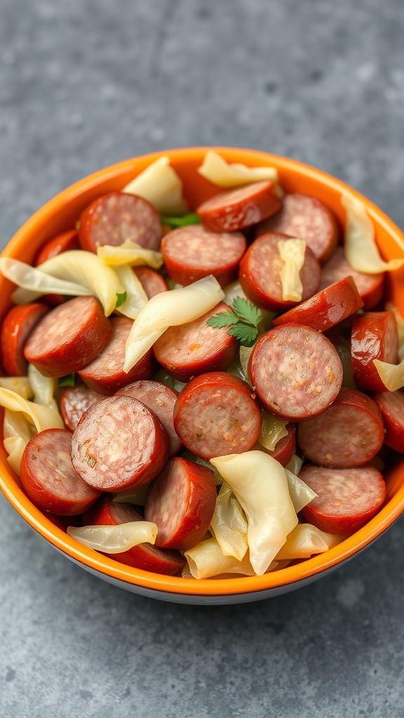 A bowl of kielbasa and cabbage stir-fry, featuring sliced kielbasa and tender cabbage.