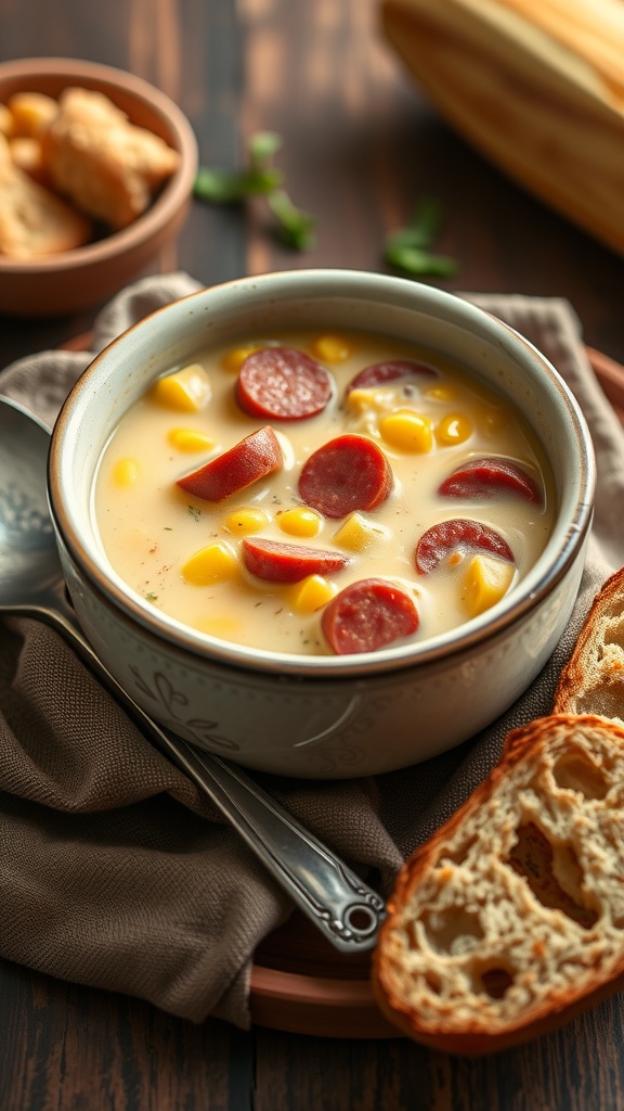 A bowl of creamy kielbasa and corn chowder served with slices of bread.