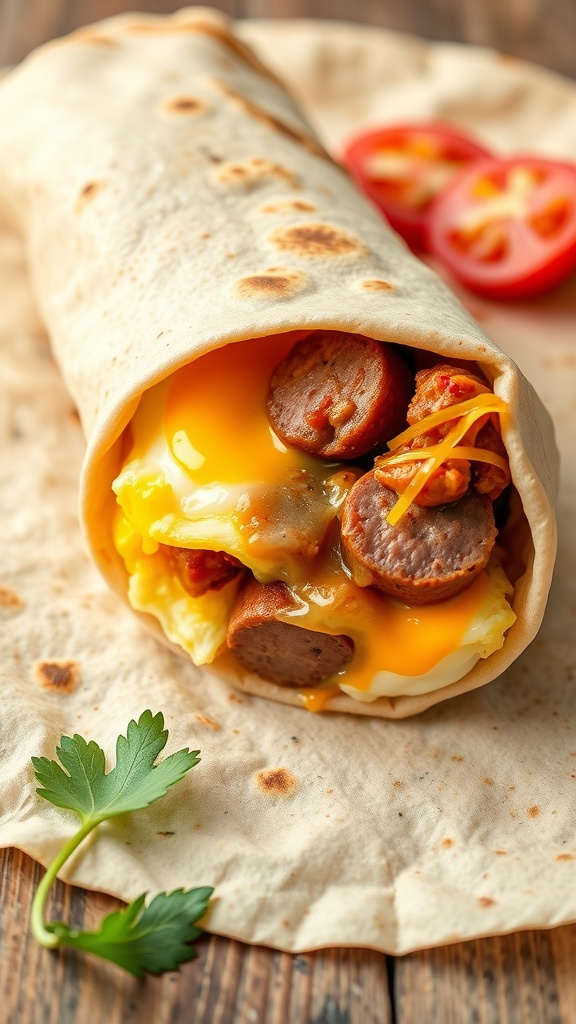 Kielbasa and egg breakfast burrito wrapped in a tortilla.