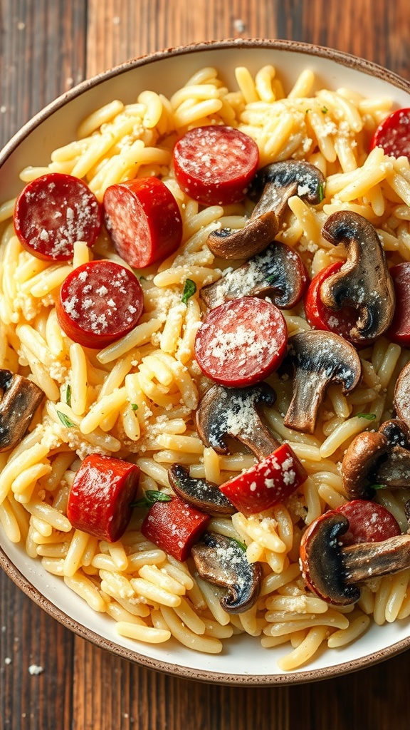 A plate of creamy risotto with slices of kielbasa and mushrooms.