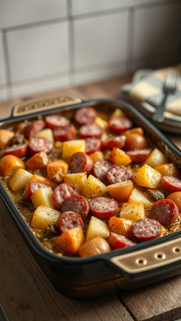 A delicious kielbasa and potato casserole, baked with sausage and potatoes.
