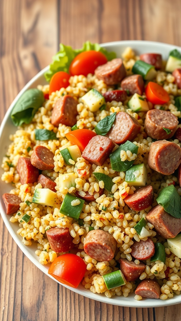 A colorful bowl of quinoa salad with kielbasa, tomatoes, cucumbers, and greens.