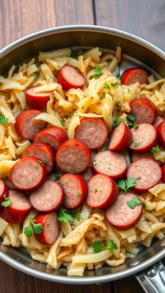 A skillet filled with sliced kielbasa and sauerkraut, garnished with parsley.