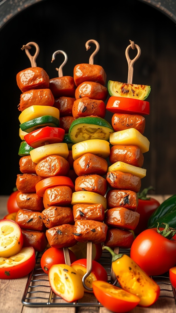 Kielbasa and vegetable skewers ready for grilling