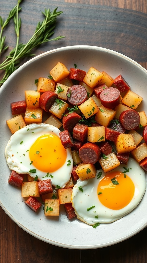 A delicious plate of kielbasa breakfast hash with diced potatoes, kielbasa slices, and fried eggs, garnished with parsley.