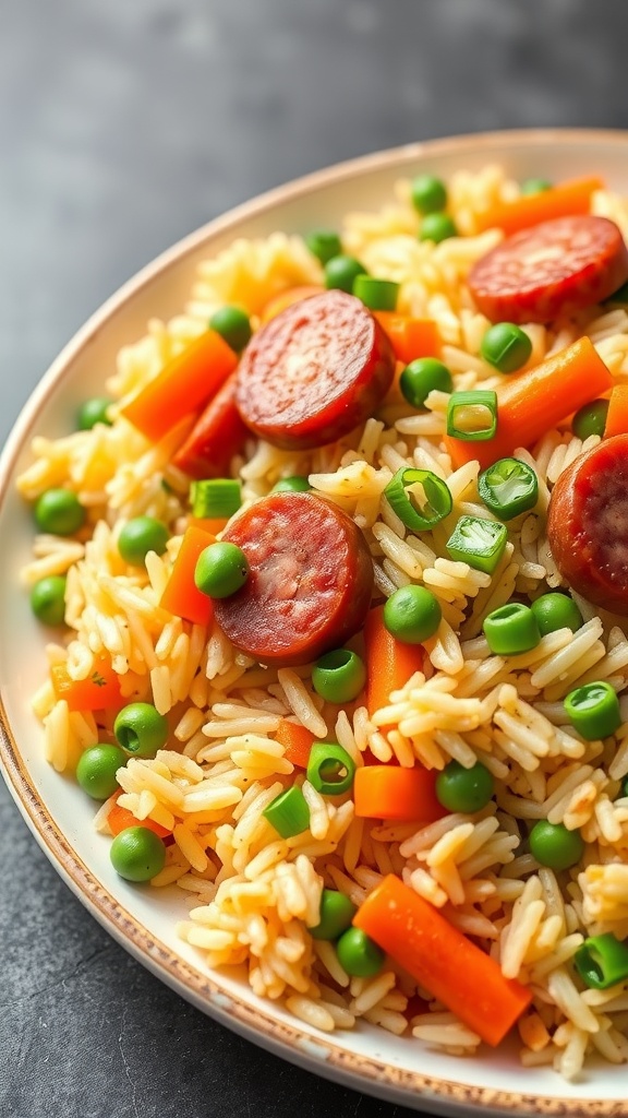 Kielbasa fried rice with colorful vegetables