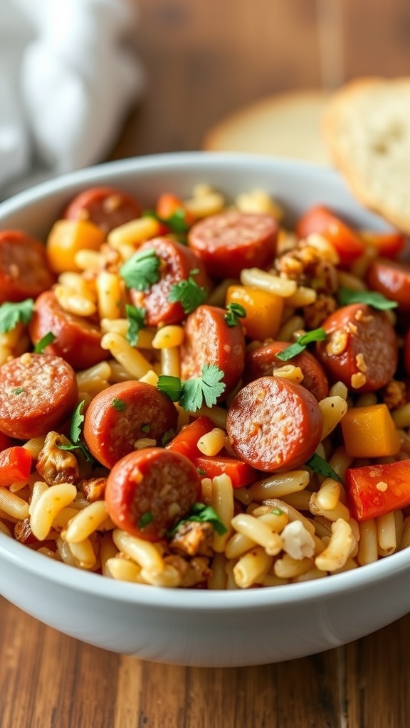 A bowl of kielbasa jambalaya with sausage, rice, and colorful vegetables