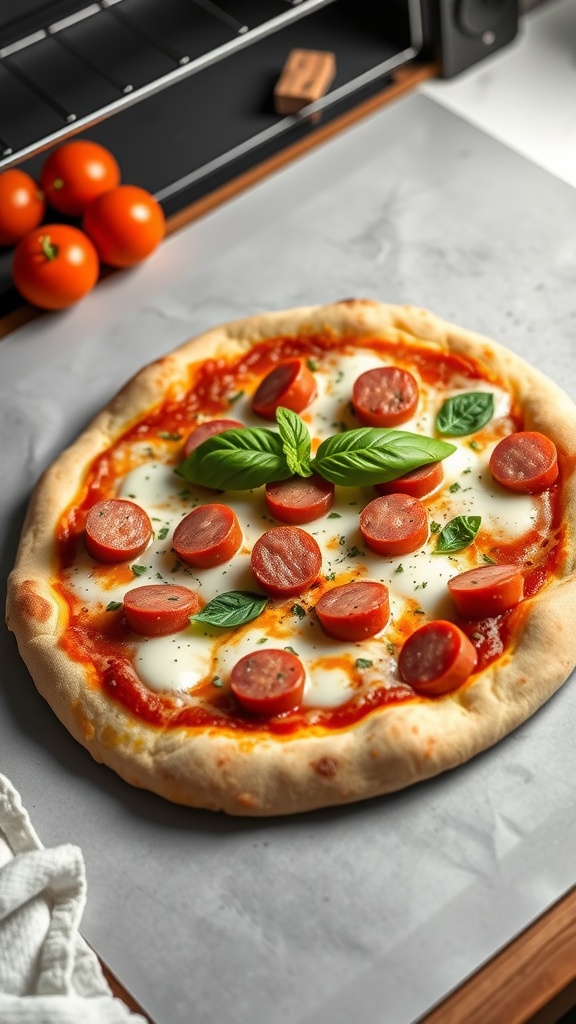 Kielbasa pizza topped with fresh basil and mozzarella cheese