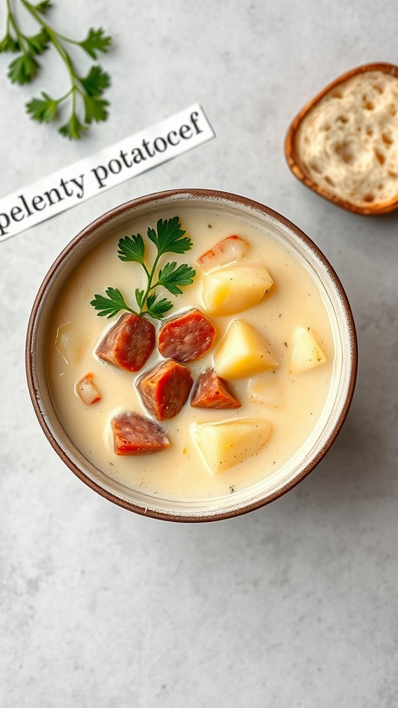 A bowl of creamy kielbasa potato soup garnished with herbs.