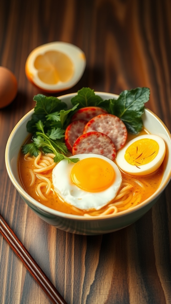 A cozy bowl of ramen with kielbasa, soft-boiled egg, and fresh greens