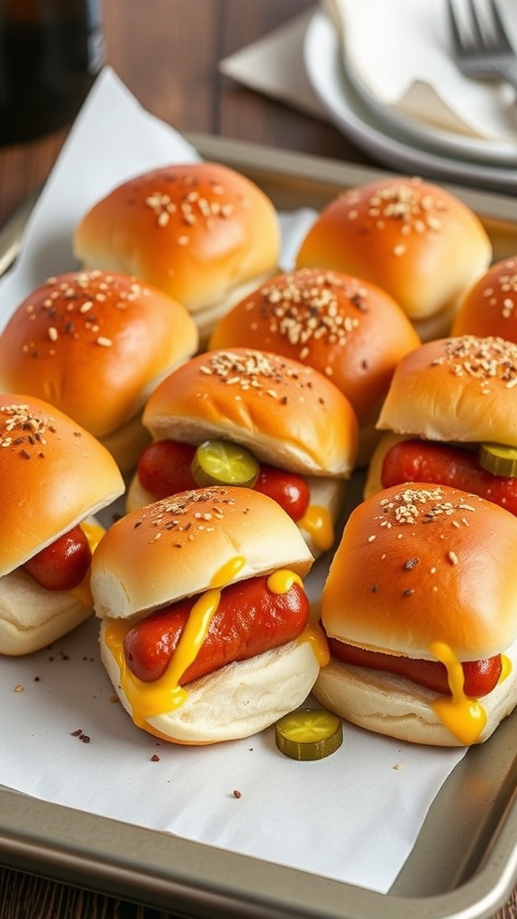 Kielbasa sliders with spicy mustard on a tray