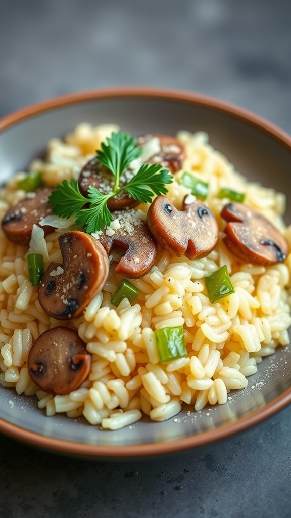 A plate of creamy leek and mushroom risotto garnished with parsley.