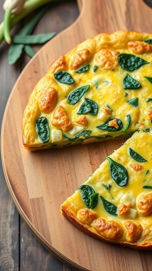 A close-up of a leek and spinach frittata with a slice cut out, showcasing its fluffy texture and vibrant color.