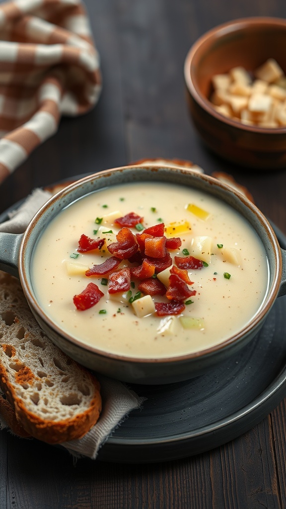 A bowl of creamy leek soup topped with crispy bacon bits and chives, served with a slice of rustic bread.