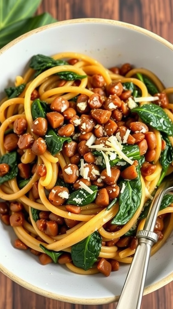A bowl of lentil and spinach pasta garnished with cheese.