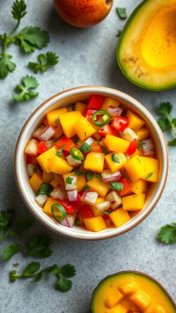 A colorful bowl of mango salsa with diced mango, red bell peppers, and onions, garnished with cilantro.