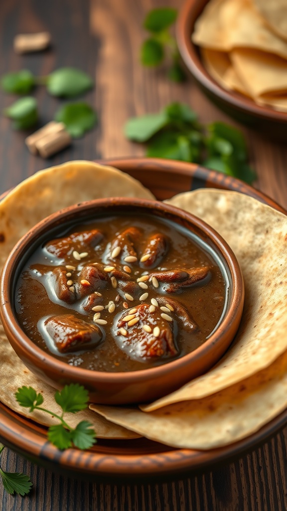 A traditional bowl of Mole Poblano sauce served with tortillas.